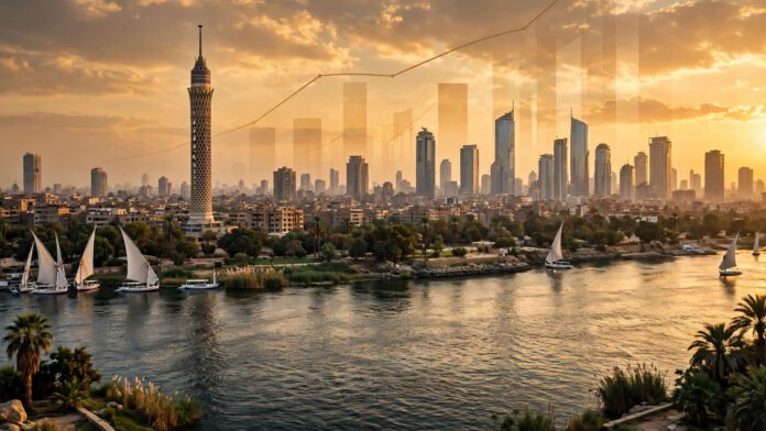 حصاد الاقتصاد المصري 2025/2026 - مجلس الوزراء أفق القاهرة وبرج القاهرة ونهر النيل عند الغروب مع رسوم بيانية اقتصادية صاعدة ترمز إلى نمو الاقتصاد المصري وتحسن مؤشراته