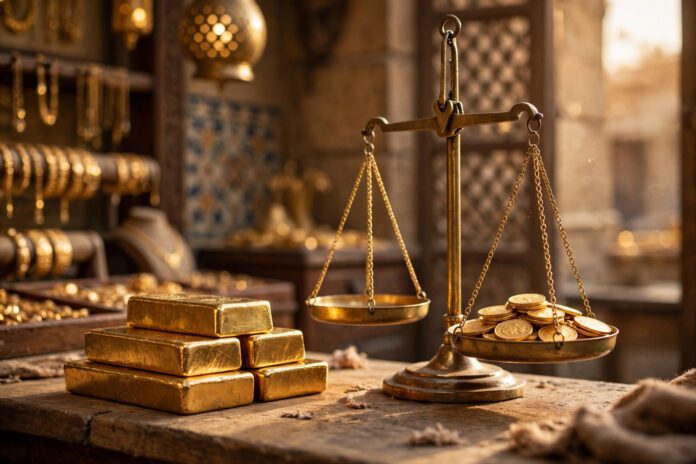 أسعار الذهب في مصر مساء الخميس 22 أكتوبر 2026 سبائك وجنيهات ذهب على ميزان صائغ في القاهرة