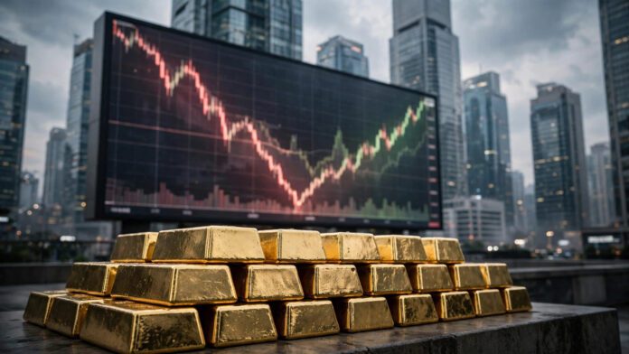 b3oct22_goldtargets_featured سبائك ذهب أمام أبراج بنوك عالمية وخلفية رسم بياني لأسعار الذهب