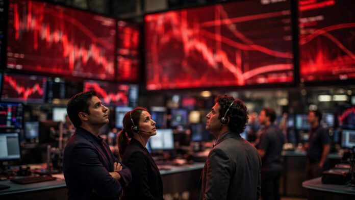 قاعة تداول في وول ستريت وشاشات حمراء تعرض هبوط مؤشرات الأسهم الأمريكية وأسهم التكنولوجيا