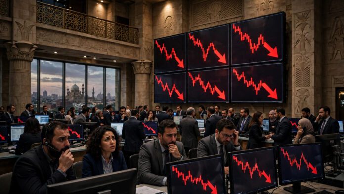 قاعة تداول في البورصة وشاشات تعرض مؤشرات متراجعة في إشارة إلى خروج الأموال الساخنة من أدوات الدين