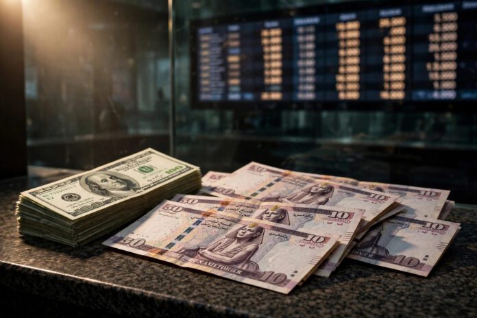b3oct29_a5_dollar أوراق دولار أمريكي وجنيهات مصرية على مكتب بنك مع شاشة أسعار صرف في الخلفية