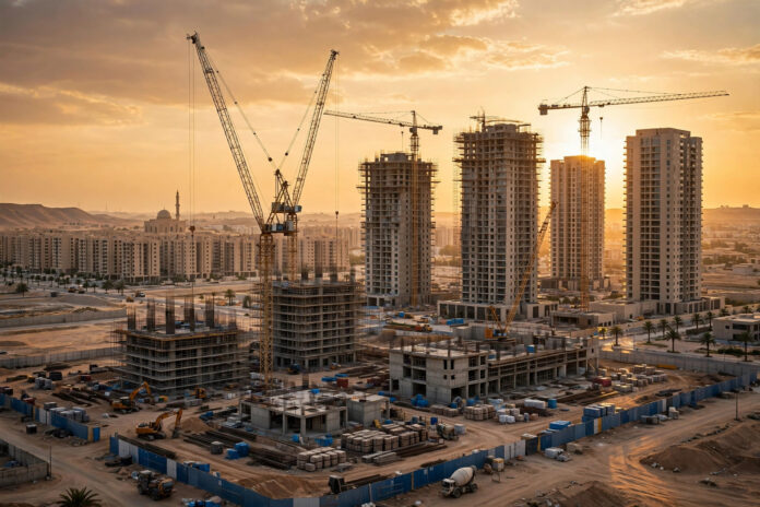 أبراج سكنية جديدة تحت الإنشاء في إحدى المدن الجديدة بمصر