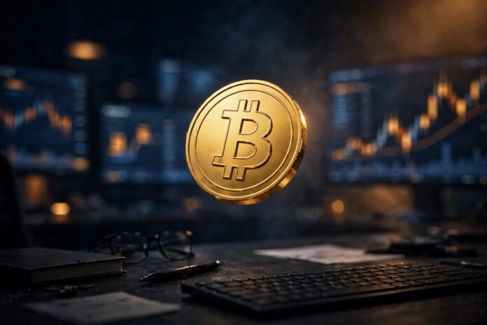 عملة بيتكوين ذهبية أمام شاشات تداول مالية
