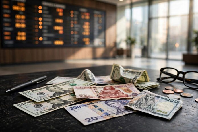 أوراق دولار أمريكي وجنيهات مصرية أمام لوحة أسعار صرف في أحد البنوك
