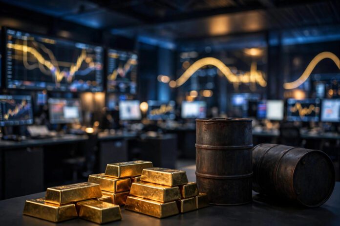 شاشات تداول في الأسواق العالمية تعرض مؤشرات الذهب والنفط قبل قرار الفيدرالي الأمريكي
