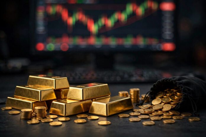 b4a2_gold سبائك وعملات ذهبية على مكتب تداول داكن مع توهج مخططات حمراء وخضراء ضبابية ترمز إلى تقلب أسعار الذهب عالميًا