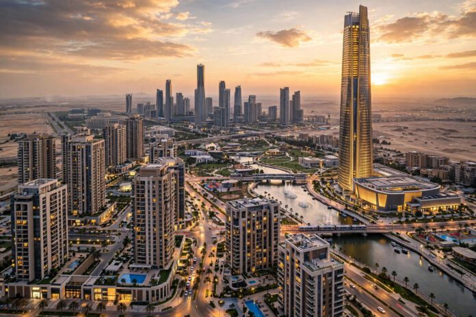أفق العاصمة الجديدة بأبراج سكنية حديثة وبرج بنكي في ضوء ذهبي ترمز إلى تمويل بنك مصر العقاري