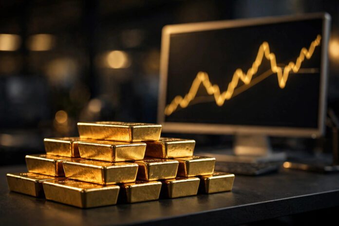 b4oct20_a3_gold سبائك ذهب أمام شاشة تداول تعرض حركة أسعار الذهب العالمية