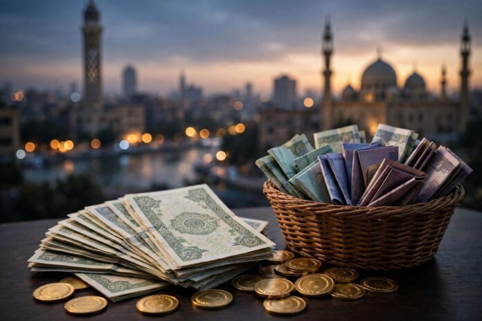 جنيهات مصرية وعملات ذهبية بجانب سلة عملات أجنبية على مكتب داكن وخلفية أفق القاهرة مساء الخميس 22 أكتوبر 2026