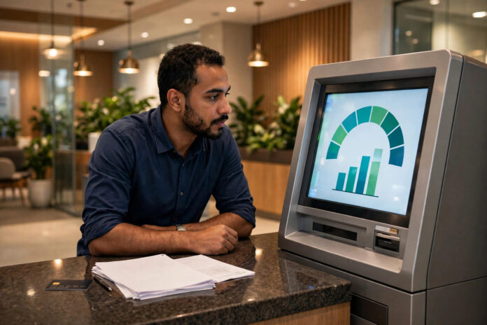 عميل بنك يستعلم عن تقييمه الائتماني آي سكور