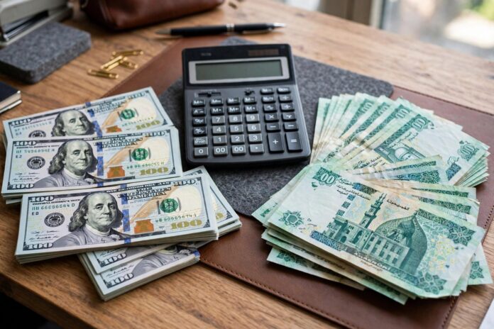 batch1_oct14_n2 أوراق دولار أمريكي وجنيهات مصرية بجانب آلة حاسبة على مكتب بنك