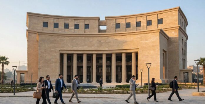 مبنى بنك مركزي في القاهرة في ضوء الصباح وموظفو بنوك يمرون أمامه