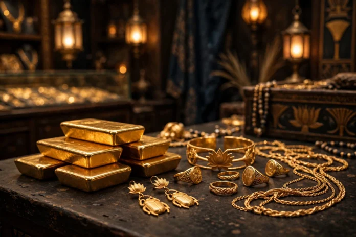 سبائك ومشغولات ذهبية في محل صاغة بمصر