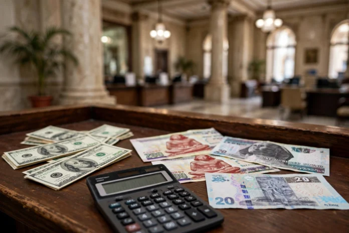 أوراق دولار أمريكي وجنيه مصري على مكتب بنك