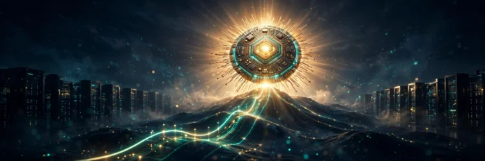 batch2_aibubble_featured رسم توضيحي لشريحة ذكاء اصطناعي متوهجة فوق منحنى صاعد لسوق الأسهم