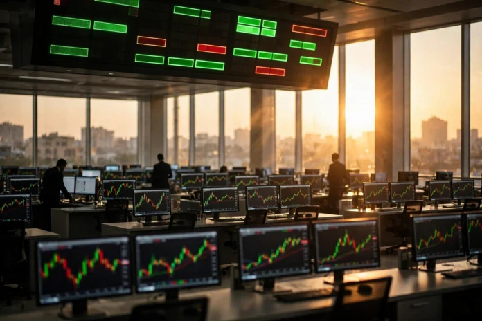قاعة تداول البورصة المصرية وشاشات الأسعار في القاهرة