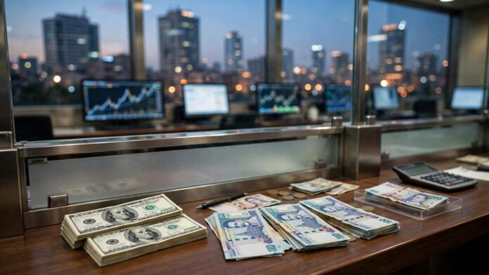 سعر الدولار في مصر داخل أحد البنوك المصرية مع أوراق نقدية بالدولار والجنيه المصري