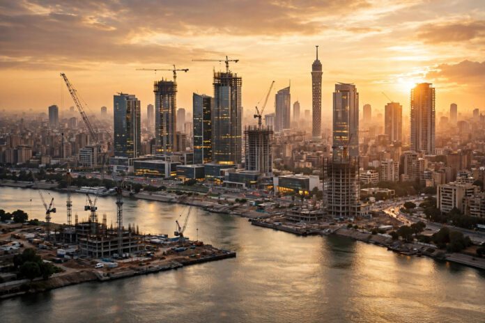 أفق القاهرة الحديث وأبراج أعمال ورافعات إنشاءات في ضوء ذهبي ترمز إلى نمو الاقتصاد المصري واستثمارات القطاع الخاص