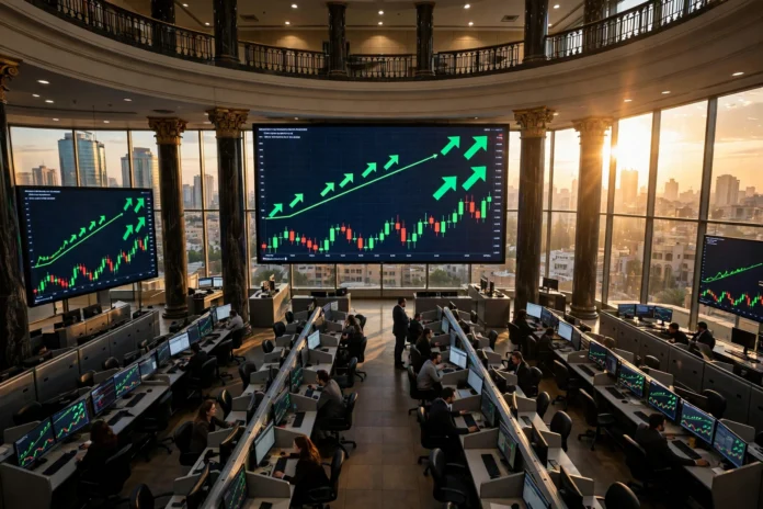 قاعة تداول البورصة المصرية وشاشات الأسهم الصاعدة في القاهرة