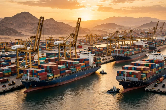 batch3_b3a3_trade_port ميناء تجاري مصري بسفن حاويات ورافعات لتحميل الصادرات والواردات