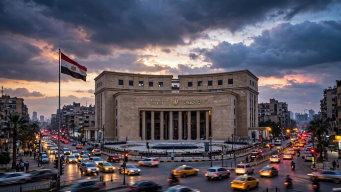 مبنى البنك المركزي المصري في وسط القاهرة وقت الغروب