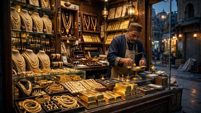 مشغولات وسبائك ذهبية داخل محل صاغة في القاهرة مساء يوم متقلب في سوق الذهب