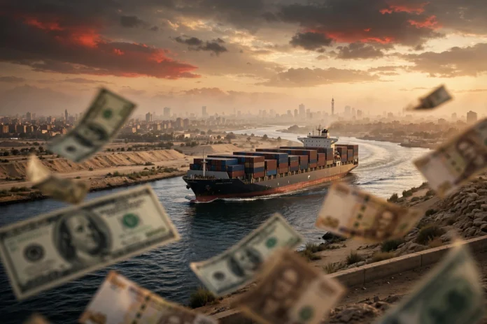 سفينة حاويات عملاقة تعبر قناة السويس وقت الغروب مع أوراق الدولار والجنيه تتطاير في المقدمة — تعبير عن ميزان المدفوعات المصري 2025/2026