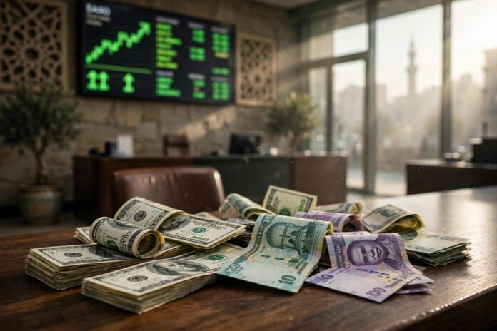 أوراق دولار أمريكي وجنيه مصري على مكتب بنك مع لوحة أسعار صرف غير واضحة في الخلفية