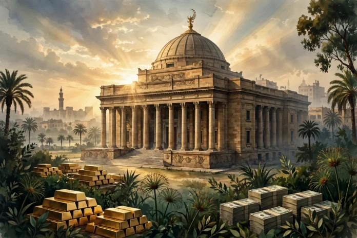 مبنى البنك المركزي المصري وأكوام من سبائك الذهب وأوراق الدولار ترمز إلى ارتفاع احتياطي النقد الأجنبي لمستوى قياسي