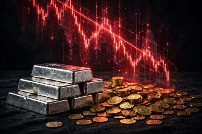 سبائك فضة وعملات ذهبية تحت توهج أحمر يعبر عن هبوط أسعار الذهب والفضة عالميا
