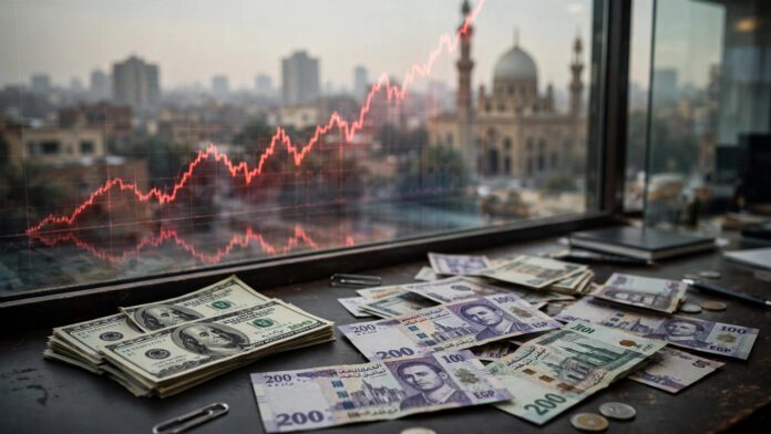 أوراق دولار أمريكي وجنيه مصري على مكتب تداول في بنك بالقاهرة مع مخطط صاعد يعكس قفزة سعر الدولار فوق 54 جنيهًا