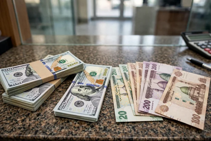 أوراق نقدية بالدولار الأمريكي بجانب الجنيه المصري على شباك بنك في مصر