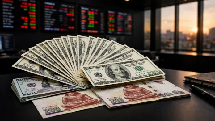 دولار أمريكي وجنيه مصري على مكتب تداول في بنك مع شاشات أسعار صرف