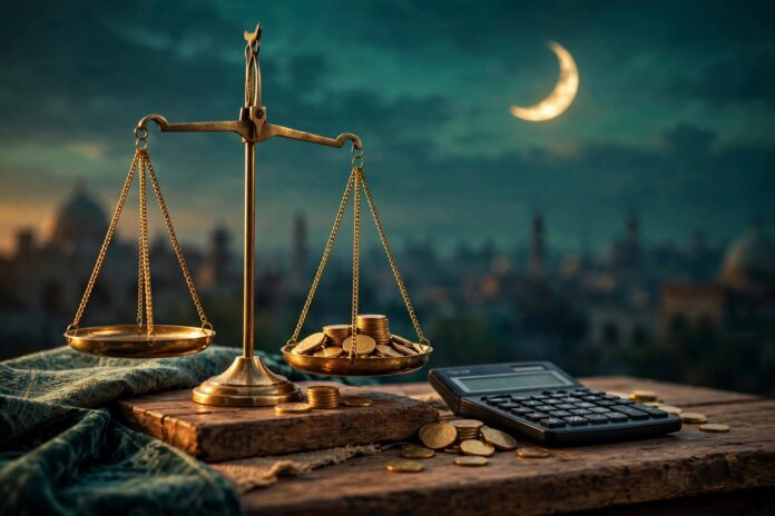 رسم توضيحي لمفهوم زكاة المال في الإسلام: هلال ذهبي وميزان وعملات ذهبية