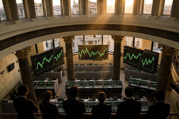 صالة التداول في البورصة المصرية وشاشات المؤشرات الصاعدة في ختام جلسة الأحد