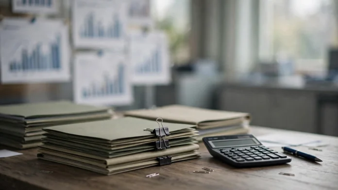 ملفات ومستندات الموازنة العامة للدولة على مكتب حكومي بجوار آلة حاسبة ورسوم بيانية مالية