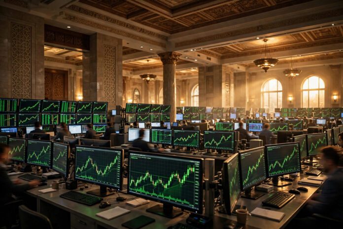 قاعة التداول في البورصة المصرية وشاشات تعرض مؤشرات الأسهم
