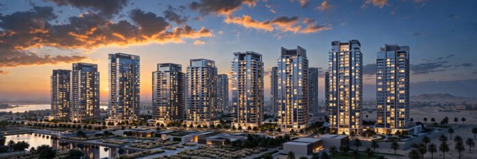emaar-sky-tower-breaking أبراج سكنية حديثة في مشروع عقاري مصري عند الغروب