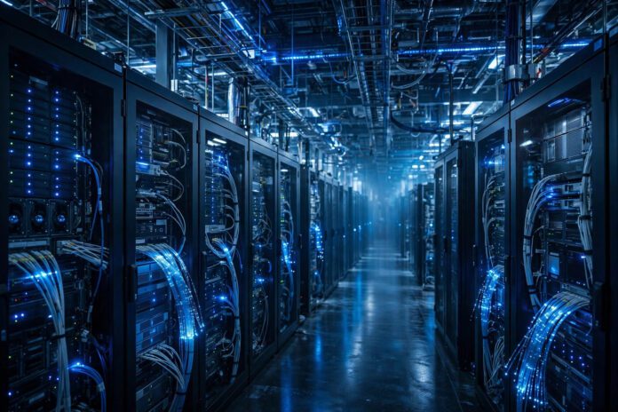 مركز بيانات حديث لخوادم الذكاء الاصطناعي بإضاءة زرقاء
