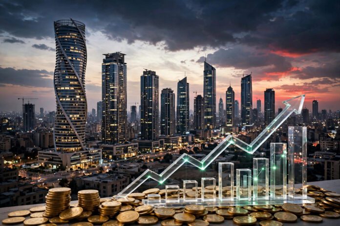 أفق القاهرة المالي وقت الغروب مع رسم بياني صاعد — خطة خفض الدين إلى 78% من الناتج المحلي بحلول يونيو 2027