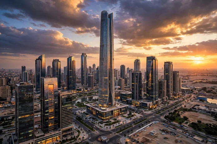 أفق حي المال والأعمال في العاصمة الإدارية الجديدة بمصر وقت الغروب