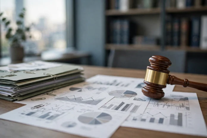مكتب هيئة رقابية مالية ومطرقة قضائية ومستندات مالية ترمز لقرار الرقابة المالية بخفض ملاءة شركات السمسرة