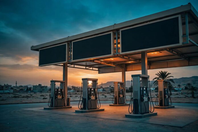 مضخات وقود في محطة بنزين مصرية عند الغروب دون أي نصوص على اللوحات