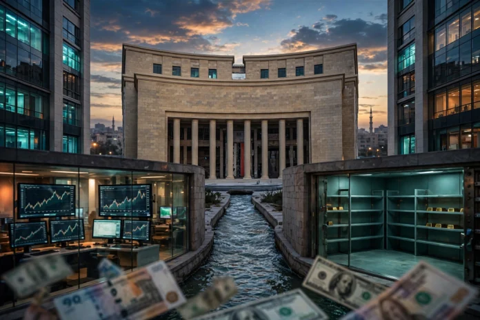 genena-cbe-rate-hold-liquidity مبنى البنك المركزي المصري وشاشات تعاملات بين البنوك تعكس تشدد السيولة وأسعار الفائدة في مصر