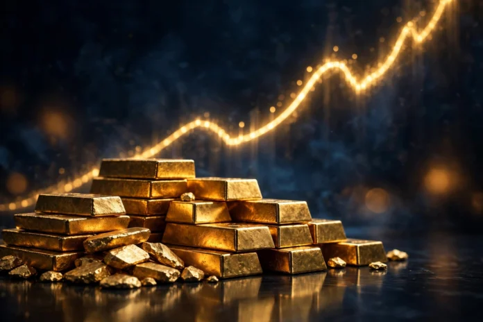 gold-rally-oct9 سبائك ذهبية وخط بياني صاعد يعكس ارتفاع أسعار الذهب عالميًا