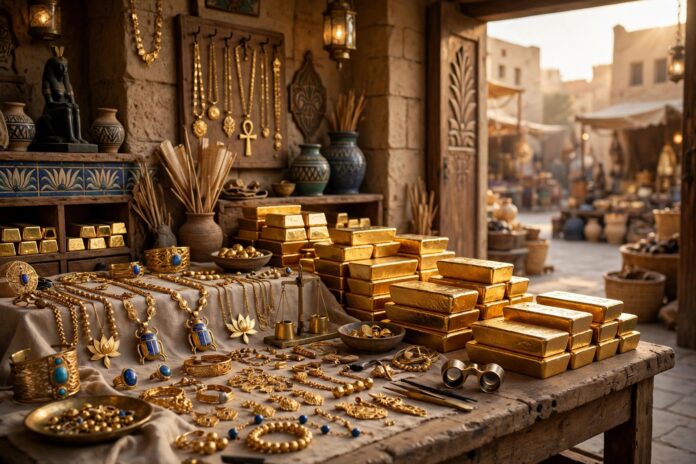 مشغولات وسبائك ذهبية داخل محل صاغة مصري في إضاءة دافئة
