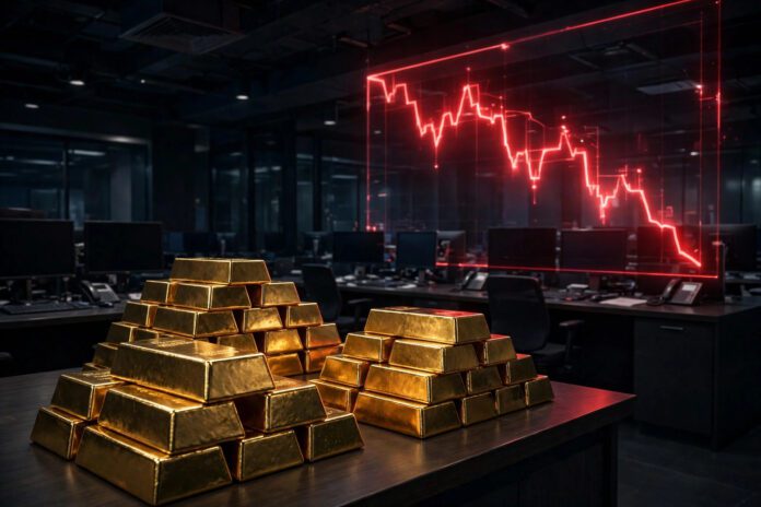 gold_targets سبائك ذهب وإضاءة رسم بياني أحمر هابط في قاعة تداول بنكية داكنة