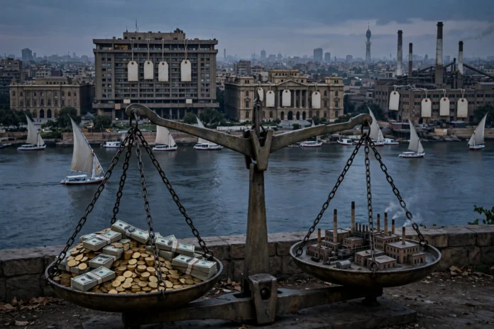 رسم توضيحي لبيع أصول الدولة في مصر: مبان حكومية ومصانع عليها بطاقات أسعار وميزان يوازن بين الذهب والدولار وأصول الدولة