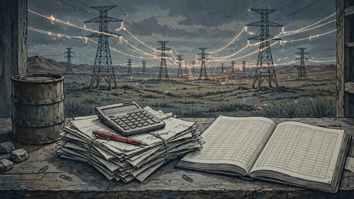 رسم توضيحي لمستندات الموازنة العامة وفواتير الكهرباء وبرميل بترول في إطار حديث حسن الصادي عن الغش المحاسبي